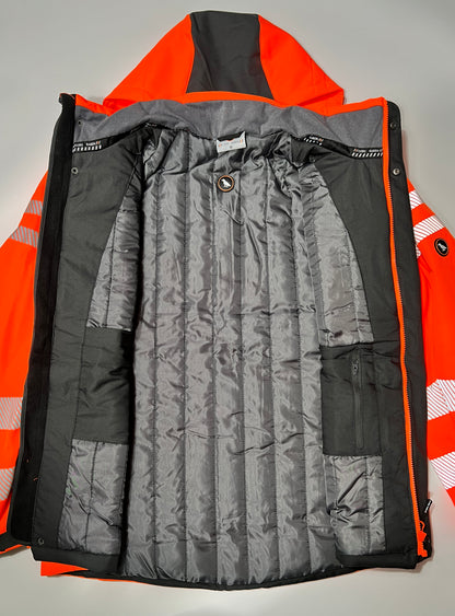 Innenseite der Softshelljacke in warnorange mit Steppfutter