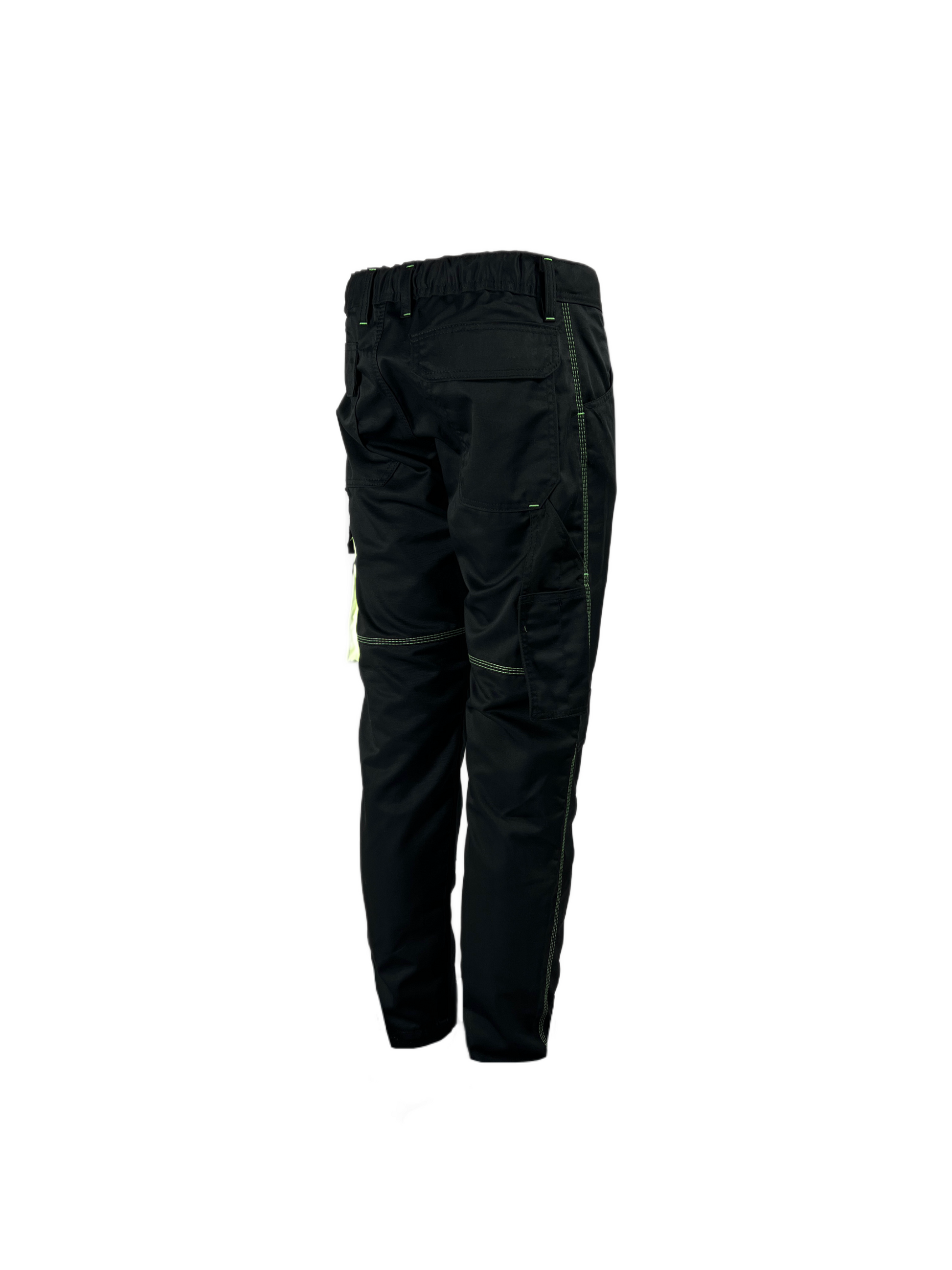 Hinteransicht einer schwarzen Arbeitshose mit warngelben Akzenten
