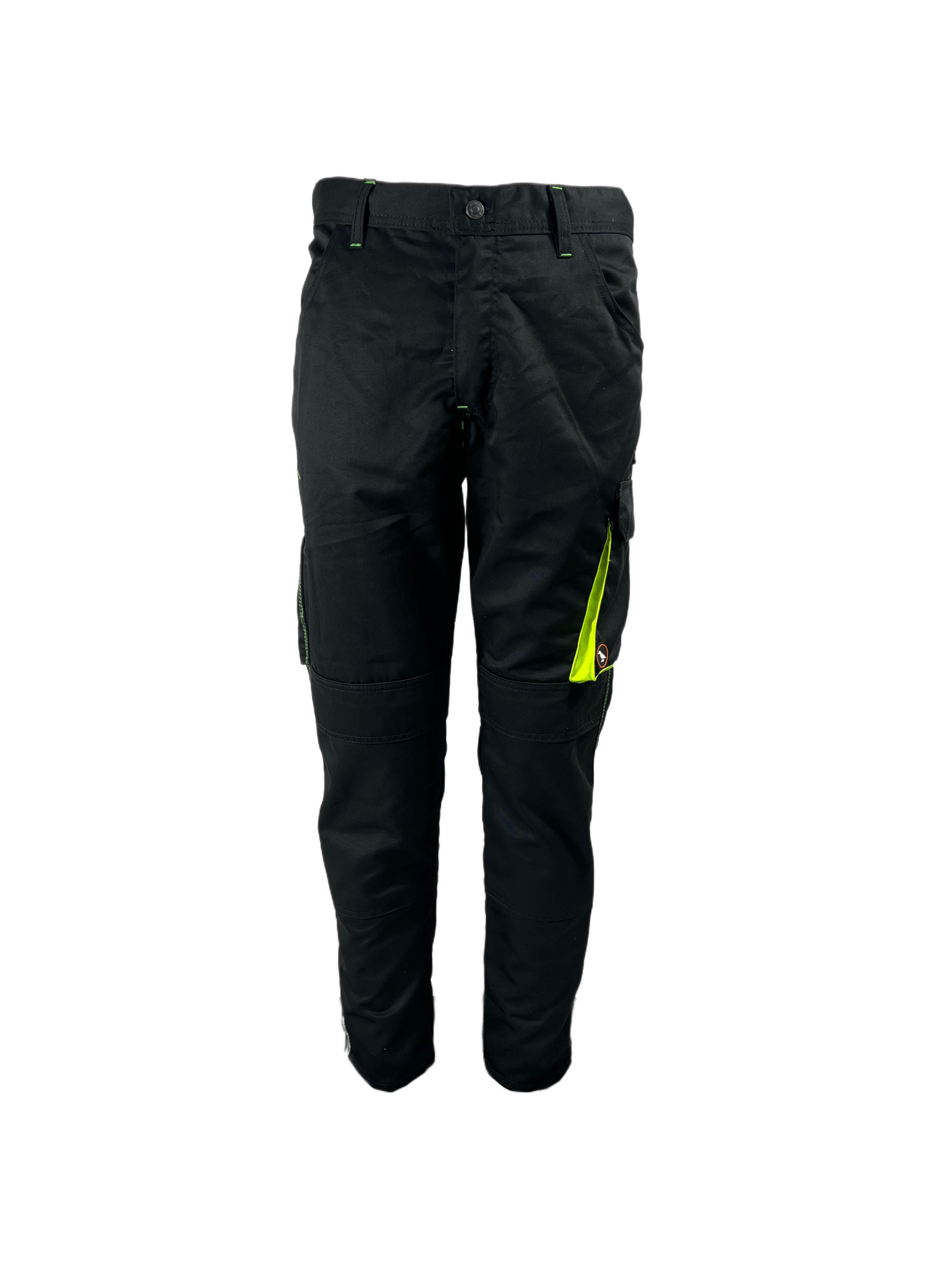 Vorderansicht einer schwarzen Arbeitshose mit warngelben Akzenten