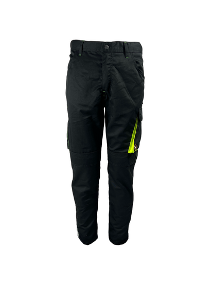 Vorderansicht einer schwarzen Arbeitshose mit warngelben Akzenten